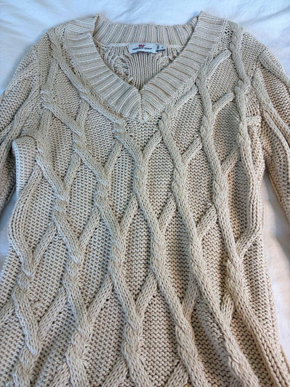 Vineyard Vines Womens S 100% Cotton Cable Knit Sweater Cream V Neck Chunky